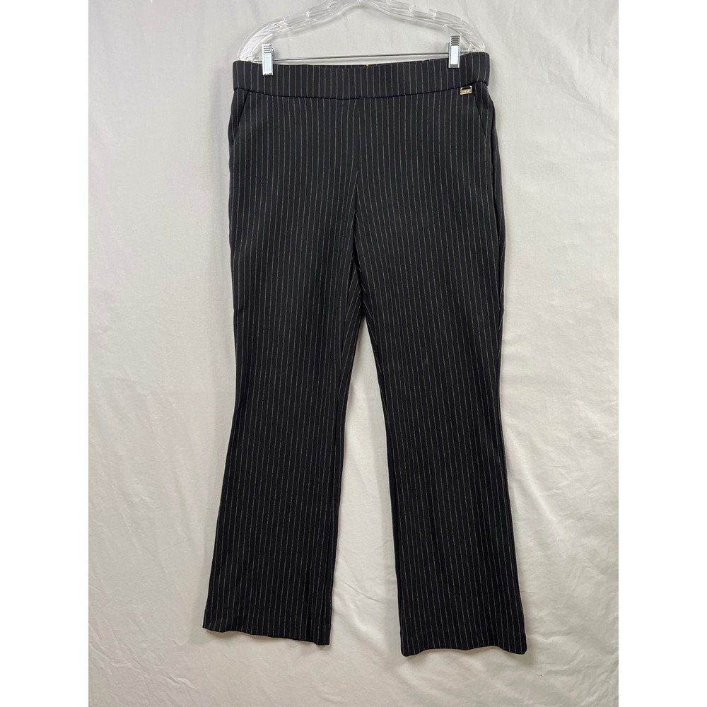 Anne Klein Pinstripe Dress Pants Womens L Black Straight Leg Pull On Stretch